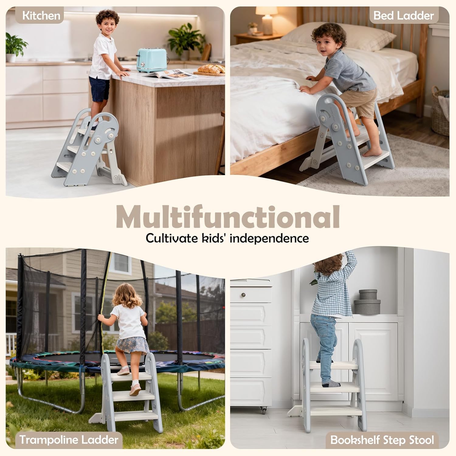 Onasti Adjustable Toddler Step Stool with Handles, Converts from 3-Step to 2-Step as Kids Grow, Non-Slip Safety Stool for Bathroom Sink, Kitchen Counter, Potty Training and Everyday Household Use-Grey