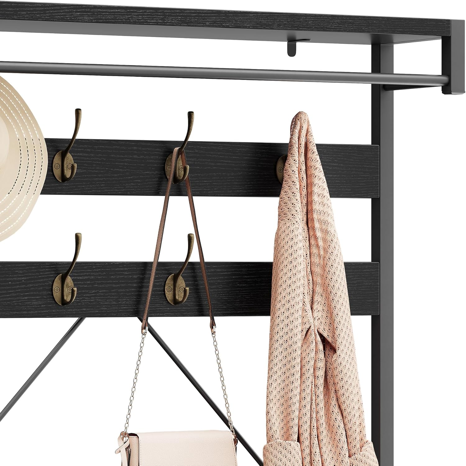 40" Industrial Hall Tree, 3-in-1 Entryway Coat Rack Shoe Bench with 8 Hooks & 3-Tier Storage Shelf, Heavy Duty Metal Frame Mudroom Organizer, Black