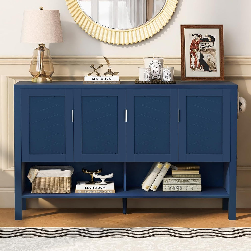 Virubi 55" Sideboard Buffet Cabinet with Storage and Double Hooks, Modern Wood Coffee Bar Cabinet with Open Shelf and 2-Tiers Adjustable Shelves for Living Room, Hallway, Dining, Navy Blue
