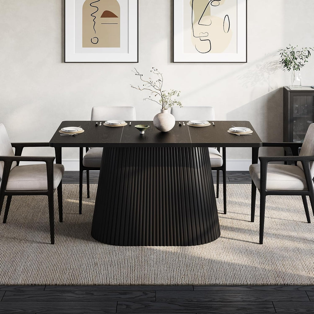 LITTLE TREE 59" Farmhouse Dining Table for 4-6 People, Modern Rectangular Kitchen Table with Metal Pedestal Base, Perfect for Dining Room, Kitchen, Living Room (Black)
