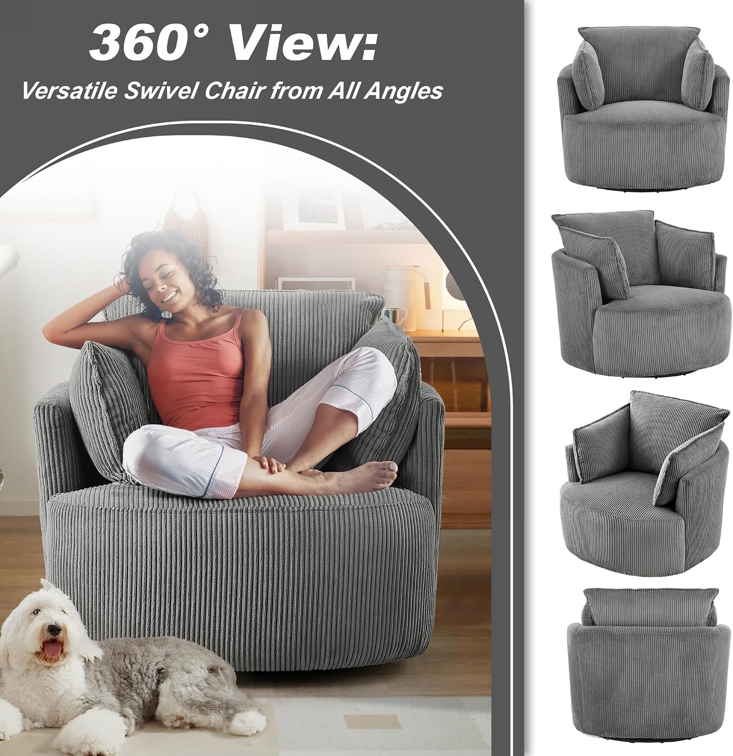 Swivel Accent Chair Round Barrel Armchair Upholstered Living Room Chair Corduroy Reading Chair Single Sofa Chair for Bedroom Apartment Office (Grey, Standard 1Seater)