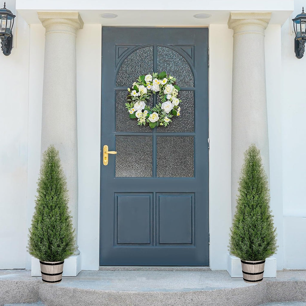 VIVATREES 4FT Artificial Cedar Topiary Trees with Rustic Barrel Planter, Outdoor Indoor Realistic Faux Pine Shrubs Plants, Fake Cypress Trees for Home Offices Porch Decor, Set of 2
