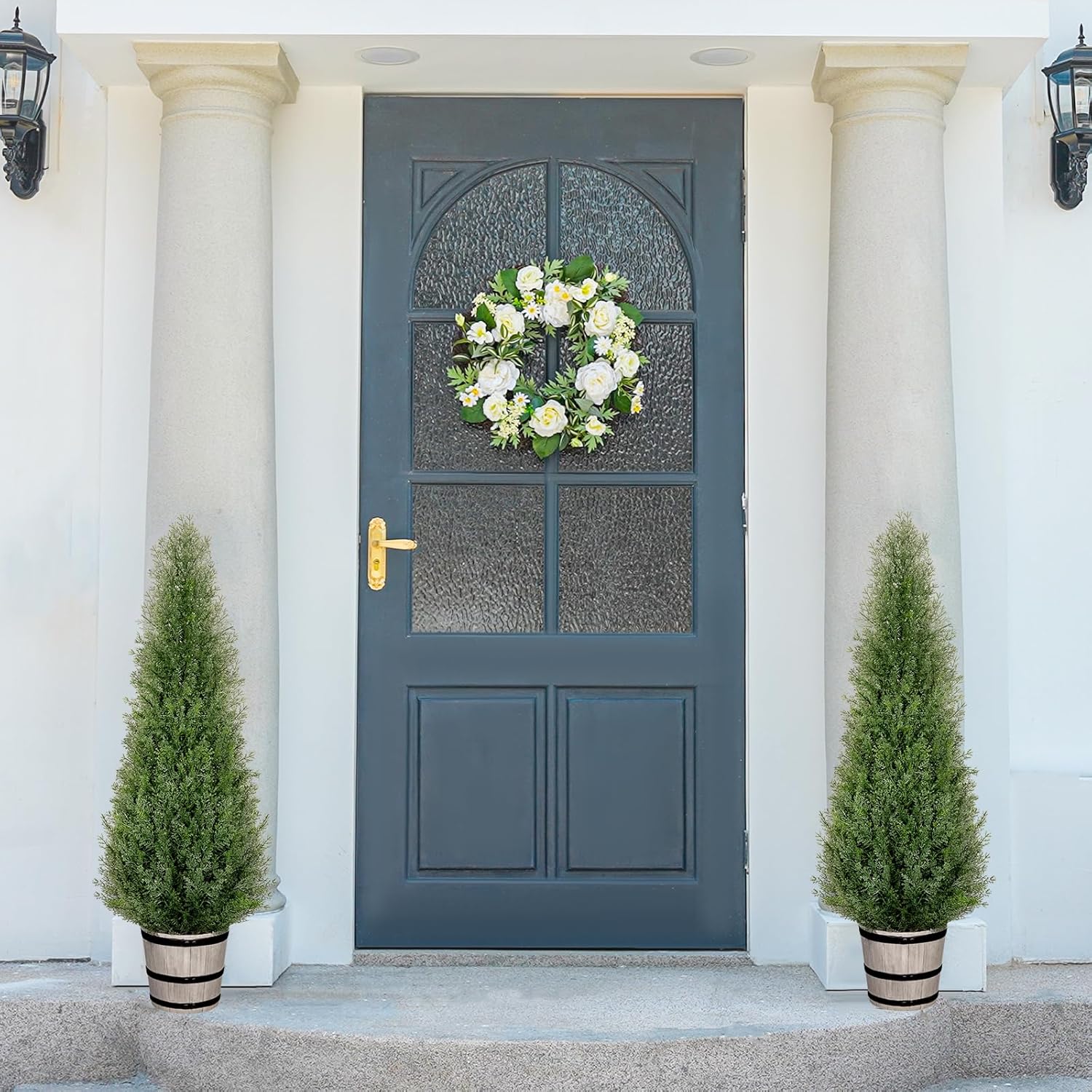 VIVATREES 4FT Artificial Cedar Topiary Trees with Rustic Barrel Planter, Outdoor Indoor Realistic Faux Pine Shrubs Plants, Fake Cypress Trees for Home Offices Porch Decor, Set of 2