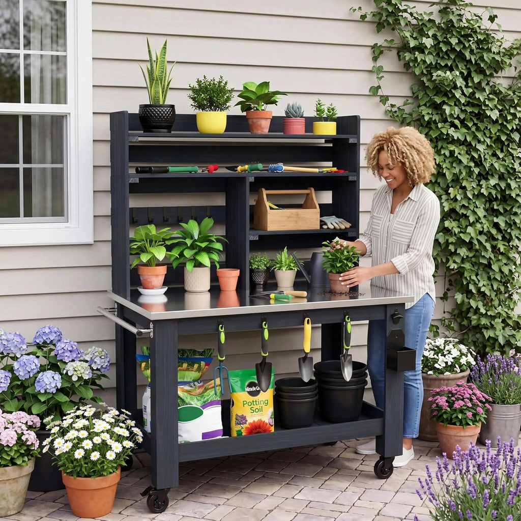 GDLF Potting Bench Table Large Outdoor Kitchen Island Prep Station with Stainless Steel Top Waterproof Cover, Hardwood, 66.9" H