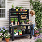 GDLF Potting Bench Table Large Outdoor Kitchen Island Prep Station with Stainless Steel Top Waterproof Cover, Hardwood, 66.9" H