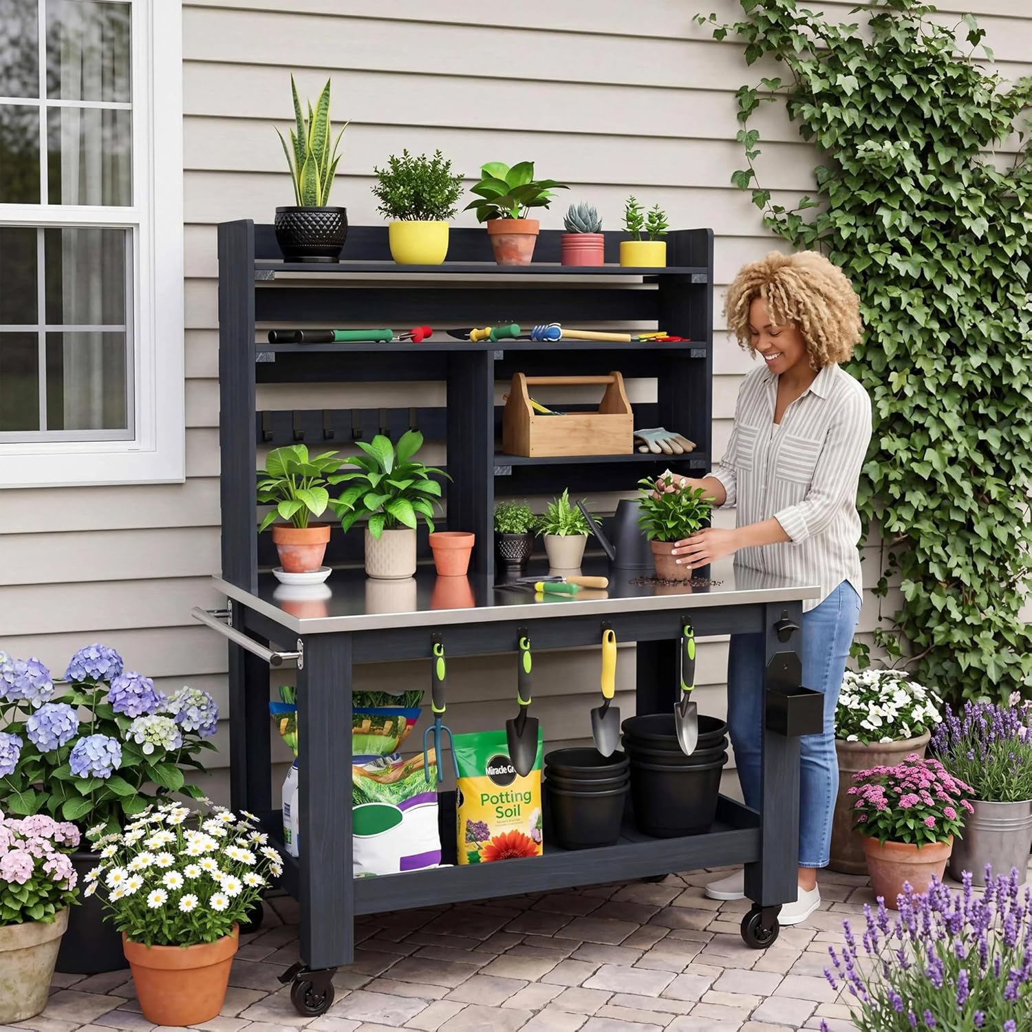 GDLF Potting Bench Table Large Outdoor Kitchen Island Prep Station with Stainless Steel Top Waterproof Cover, Hardwood, 66.9" H