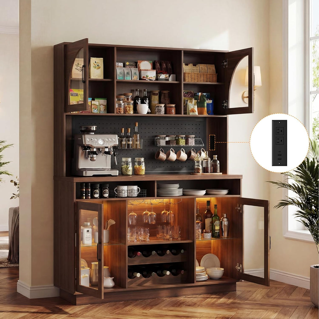 71" Tall Kitchen Pantry Storage Cabinet with LED Lights & Charging Station, Farmhouse Coffee Bar Cabinet with Adjustable Shelves & Pegboard, Pantry Cabinet with Countertop & Microwave Stand (Walnut)