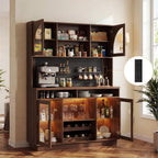 71" Tall Kitchen Pantry Storage Cabinet with LED Lights & Charging Station, Farmhouse Coffee Bar Cabinet with Adjustable Shelves & Pegboard, Pantry Cabinet with Countertop & Microwave Stand (Walnut)