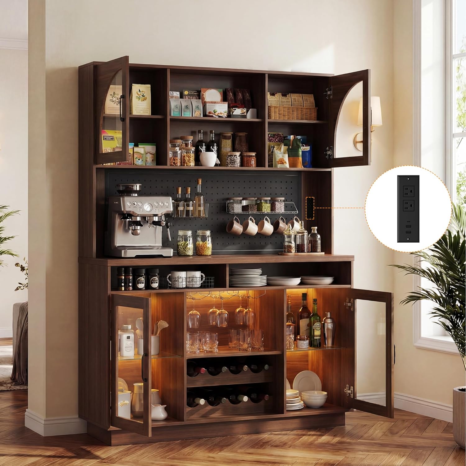 71" Tall Kitchen Pantry Storage Cabinet with LED Lights & Charging Station, Farmhouse Coffee Bar Cabinet with Adjustable Shelves & Pegboard, Pantry Cabinet with Countertop & Microwave Stand (Walnut)
