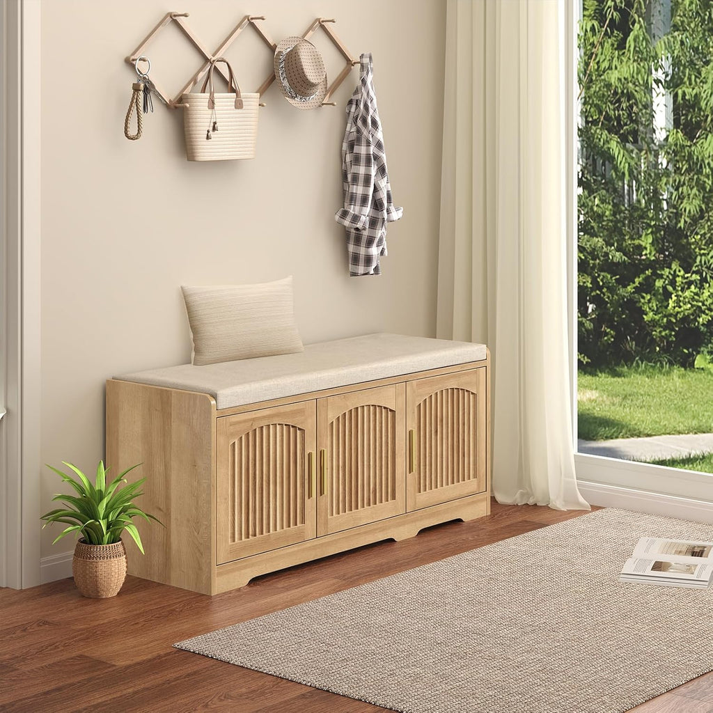 39.4" Shoe Storage Bench with Seating Cushion, Fluted 2-Tier Entryway Bench with 3 Doors & Adjustable Shelves, Shoe Cabinet Bench for Entryway, Hallway, Bedroom and Living Room (Natural)