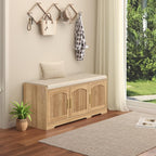 39.4" Shoe Storage Bench with Seating Cushion, Fluted 2-Tier Entryway Bench with 3 Doors & Adjustable Shelves, Shoe Cabinet Bench for Entryway, Hallway, Bedroom and Living Room (Natural)