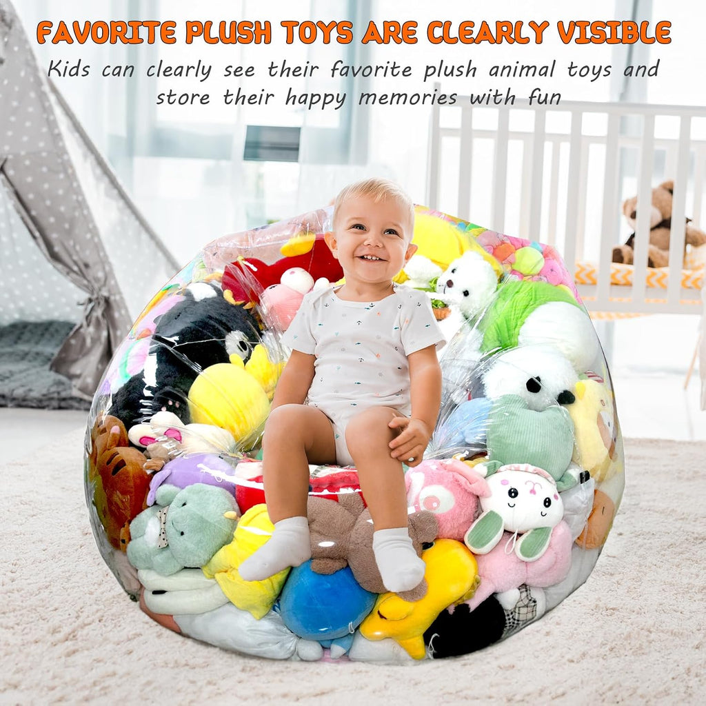 Clear Stuffed Animal Storage Bean Bag Chair Cover for Kids with Zipper | Transparent Waterparoof Wipe Clean Thicker PVC, Holds 100+ Stuffed Animals, Double Zipper for Plush Toys Storage & Organizing