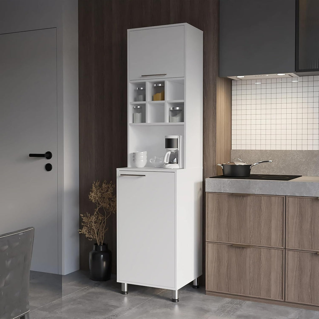 19.6"D*19.7"W*80.3"H Corner Freestanding Kitchen Pantry with Dawer, 2 Shelves & 2 Single Doors, 6 Compartments, Rectangular Wood Storage Cabinet, Modern, for Living Room, Dining Room, White