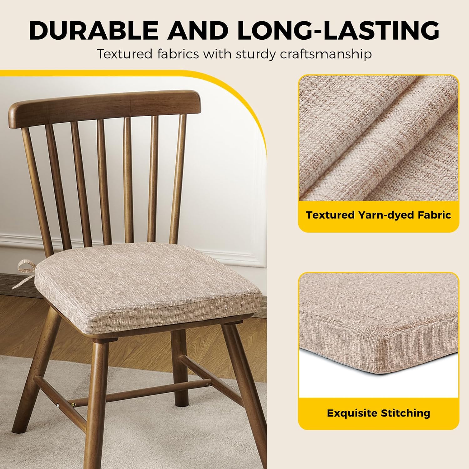 downluxe Indoor Chair Cushions for Dining Chairs,Kitchen Chair Pads with Ties and Non-Slip Backing, 16" x 16" x 2", Oatmeal Beige, 6 Pack