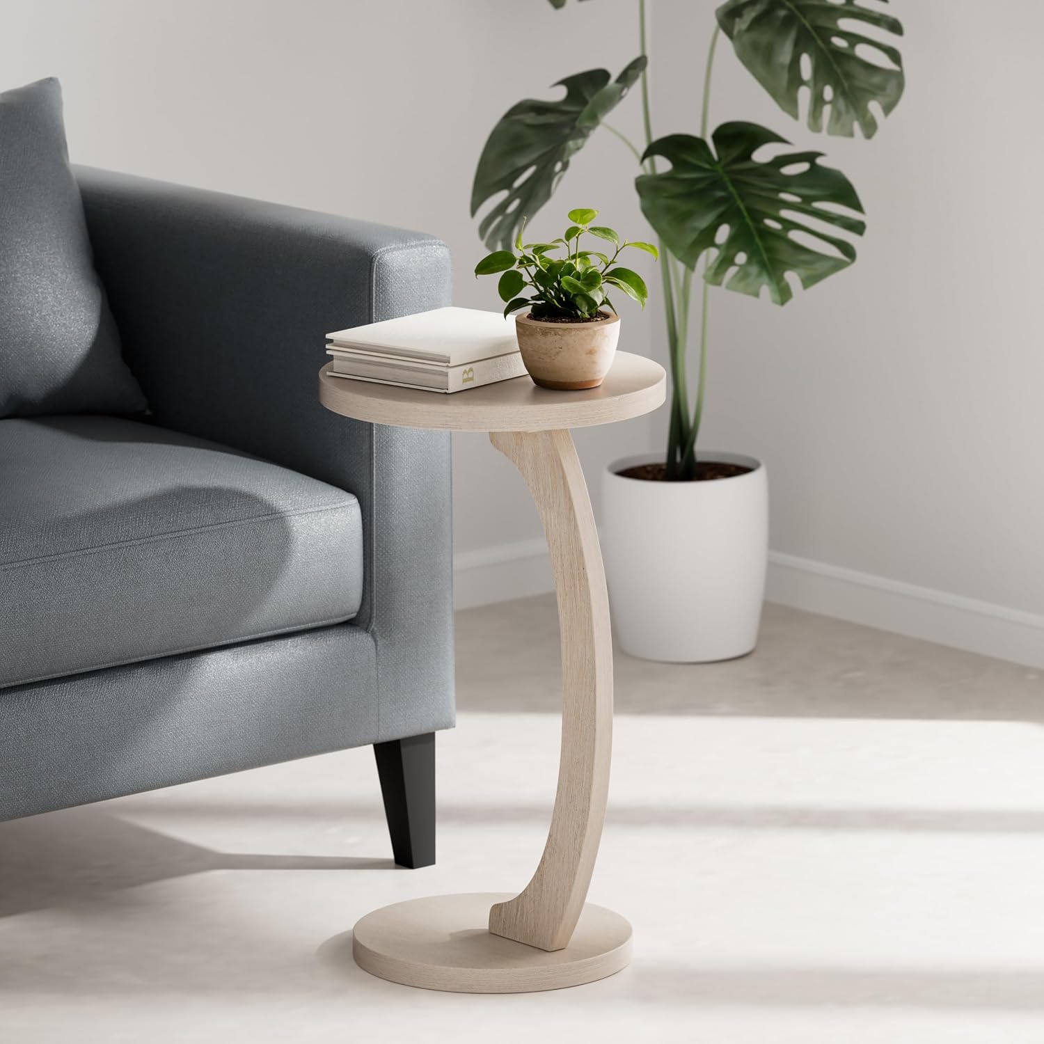 COZAYH C Shaped Round End Table for Couch Small Place, Space Saver Side Table for Sofa, Living Room, Bedside Area, Coffee and Eating Snack Tray, White