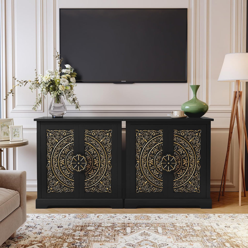 ARTPOWER Embossed Accent Cabinet Set of 2, Vintage Sideboard Buffet Cabinet, Credenza Storage Cabinets with Doors and Shelves for Living Room, Dining Room, Entryway, Hallway, Black