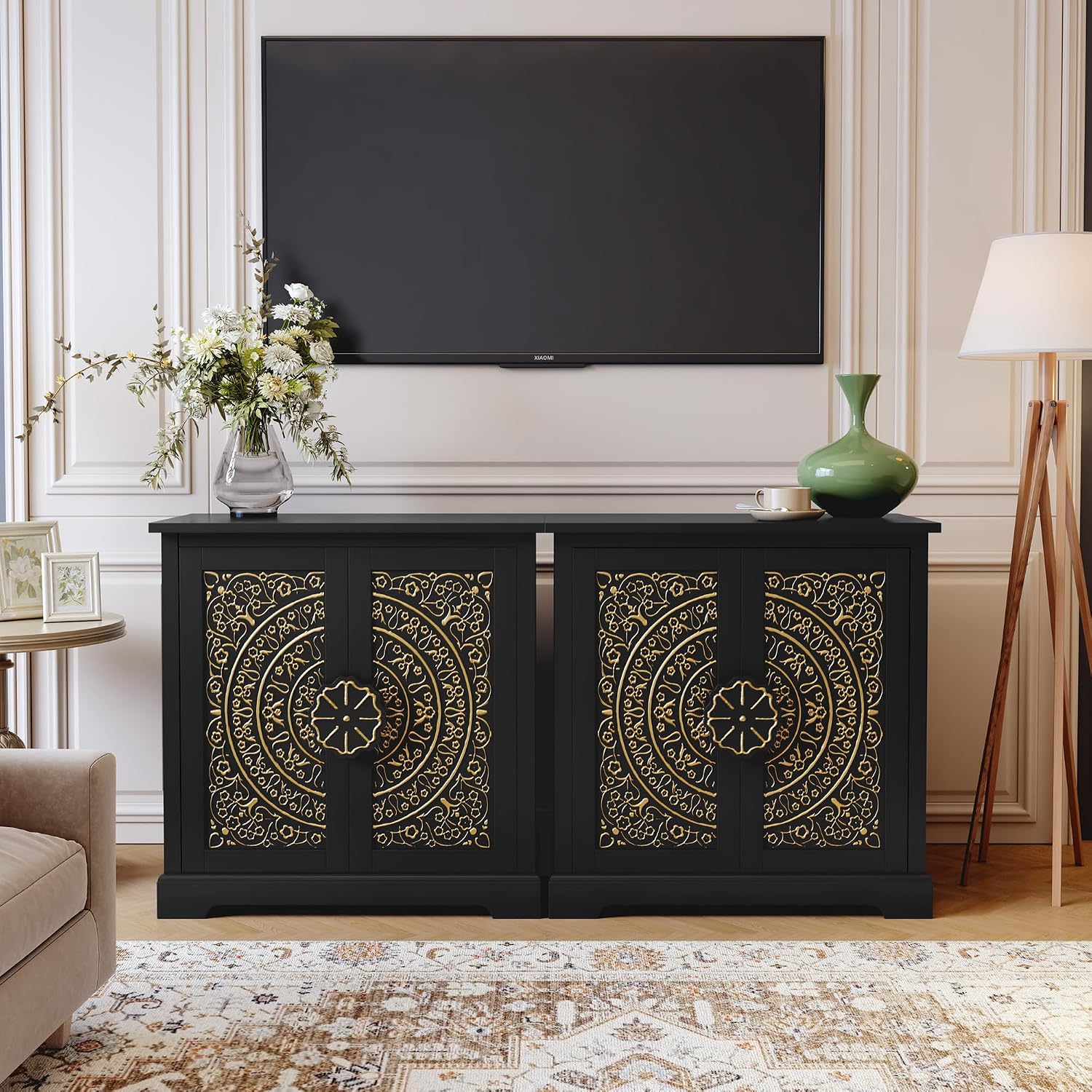 ARTPOWER Embossed Accent Cabinet Set of 2, Vintage Sideboard Buffet Cabinet, Credenza Storage Cabinets with Doors and Shelves for Living Room, Dining Room, Entryway, Hallway, Black