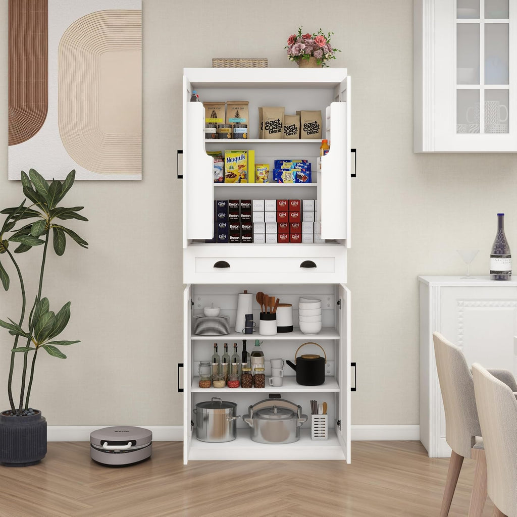72" Farmhouse Storage Cabinet,Tall Kitchen Pantry Cabinet with 4 Barn Door,1 Drawer & 2 Adjustable Shelves,Freestanding Cupboard for Dining Room,Living Room,Bathroom (White, 72 Inch)