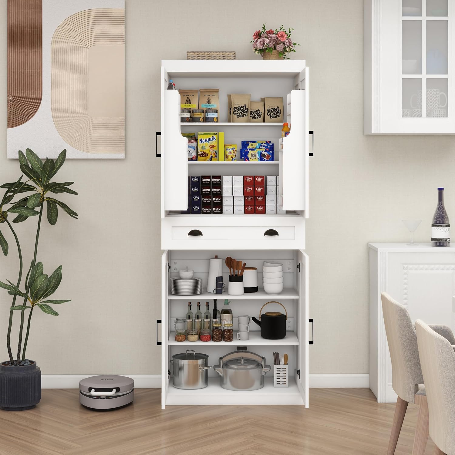 72" Farmhouse Storage Cabinet,Tall Kitchen Pantry Cabinet with 4 Barn Door,1 Drawer & 2 Adjustable Shelves,Freestanding Cupboard for Dining Room,Living Room,Bathroom (White, 72 Inch)