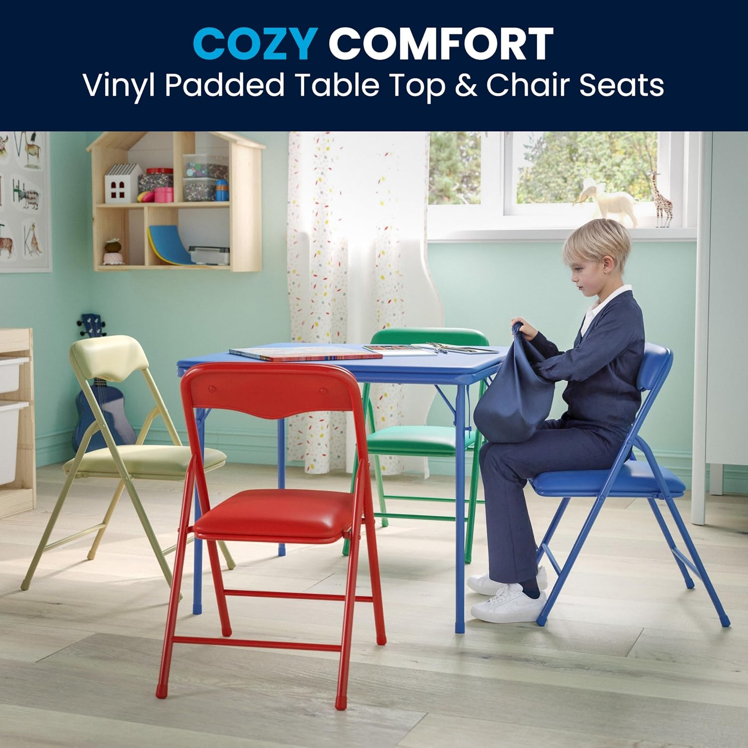 Flash Furniture Mindy Kids 5-Piece set Folding Square Table and Chairs Set for Daycare and Classrooms, Children's Activity Table and Chairs Set, Multicolor