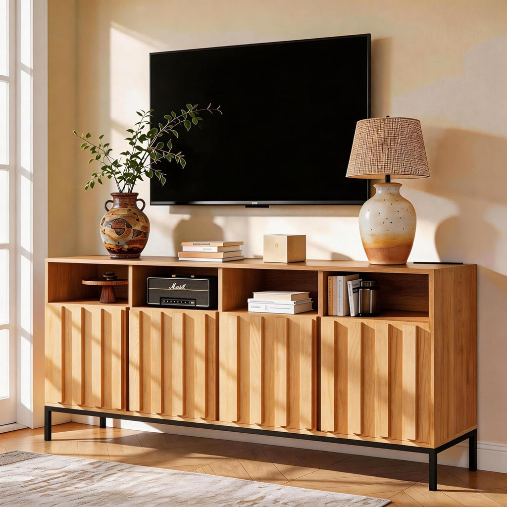 COCO DESIGN 70" Large Buffet Sideboard Cabinet with Power Outlets & Adjustable Shelves, Modern Farmhouse Accent Storage Credenza Console for Kitchen, Living Room, Oak