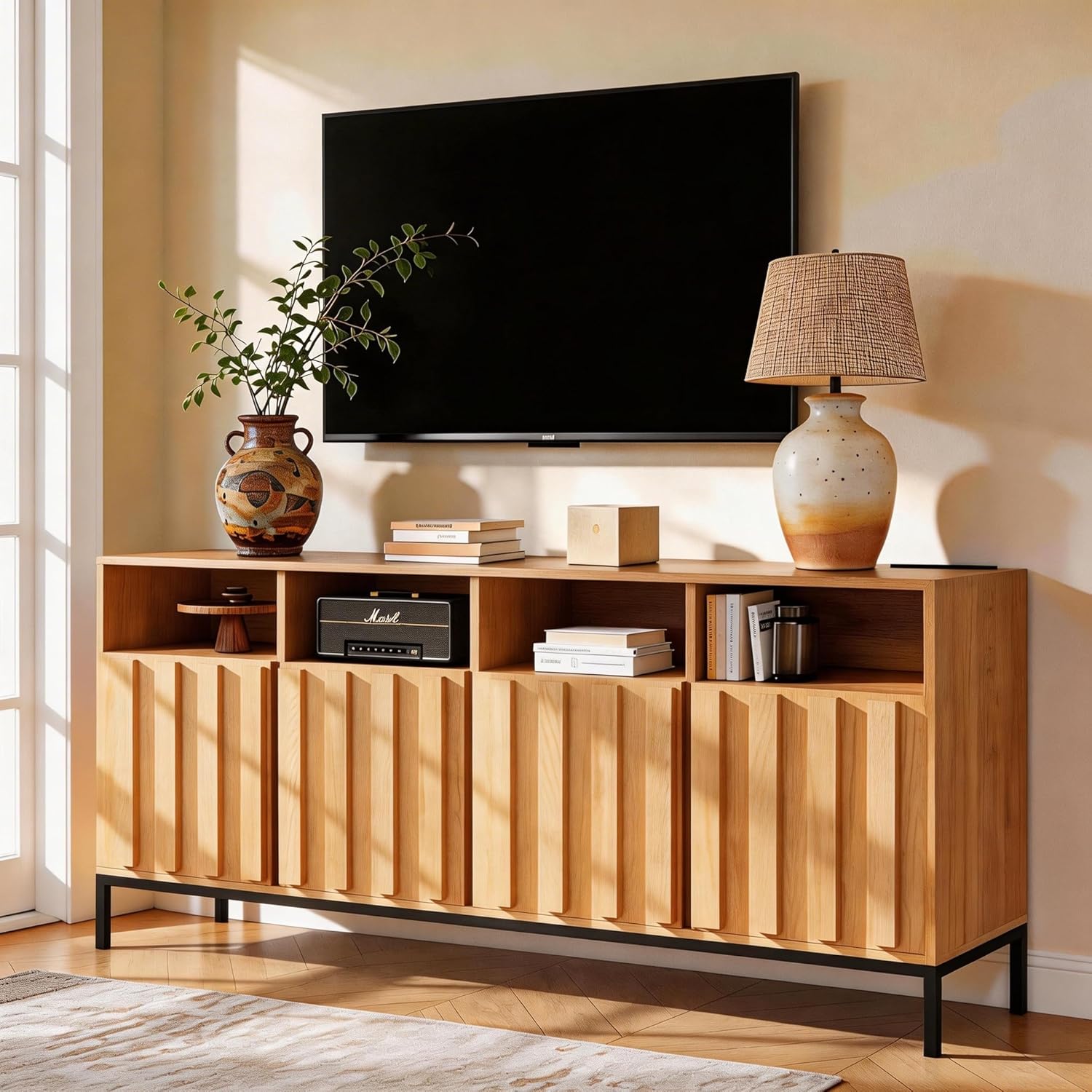 COCO DESIGN 70" Large Buffet Sideboard Cabinet with Power Outlets & Adjustable Shelves, Modern Farmhouse Accent Storage Credenza Console for Kitchen, Living Room, Oak