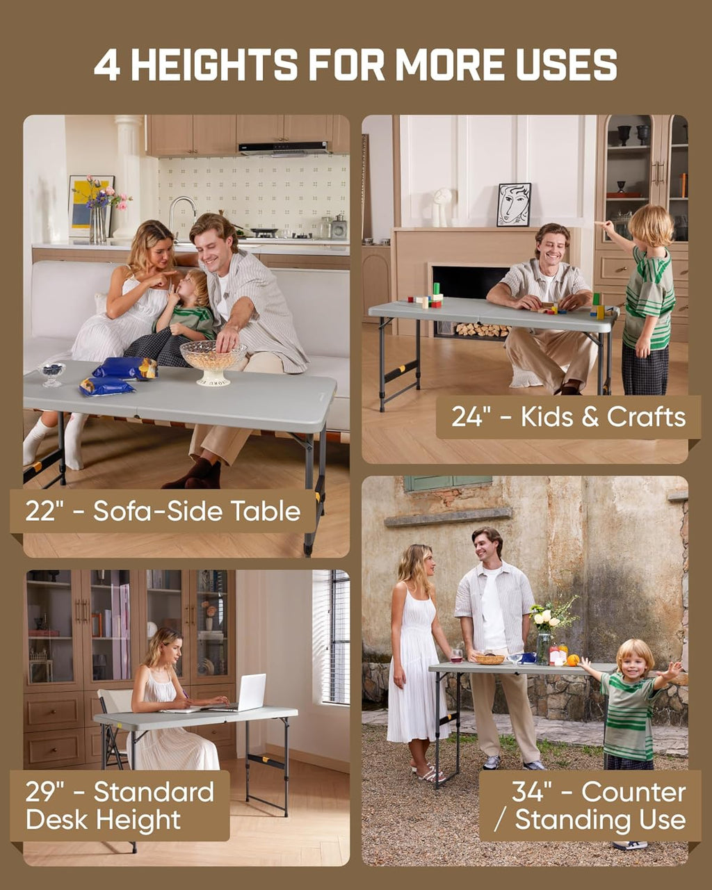 FanttikOutdoor Folding Table 4 Foot, Effortless Quick Adjustable Height Foldable Small Card Table, Fixing Lock, Stable for Party Dining Events Picnic Indoor Outdoor Camping, 1 Pack, Zeta X4 Pro White