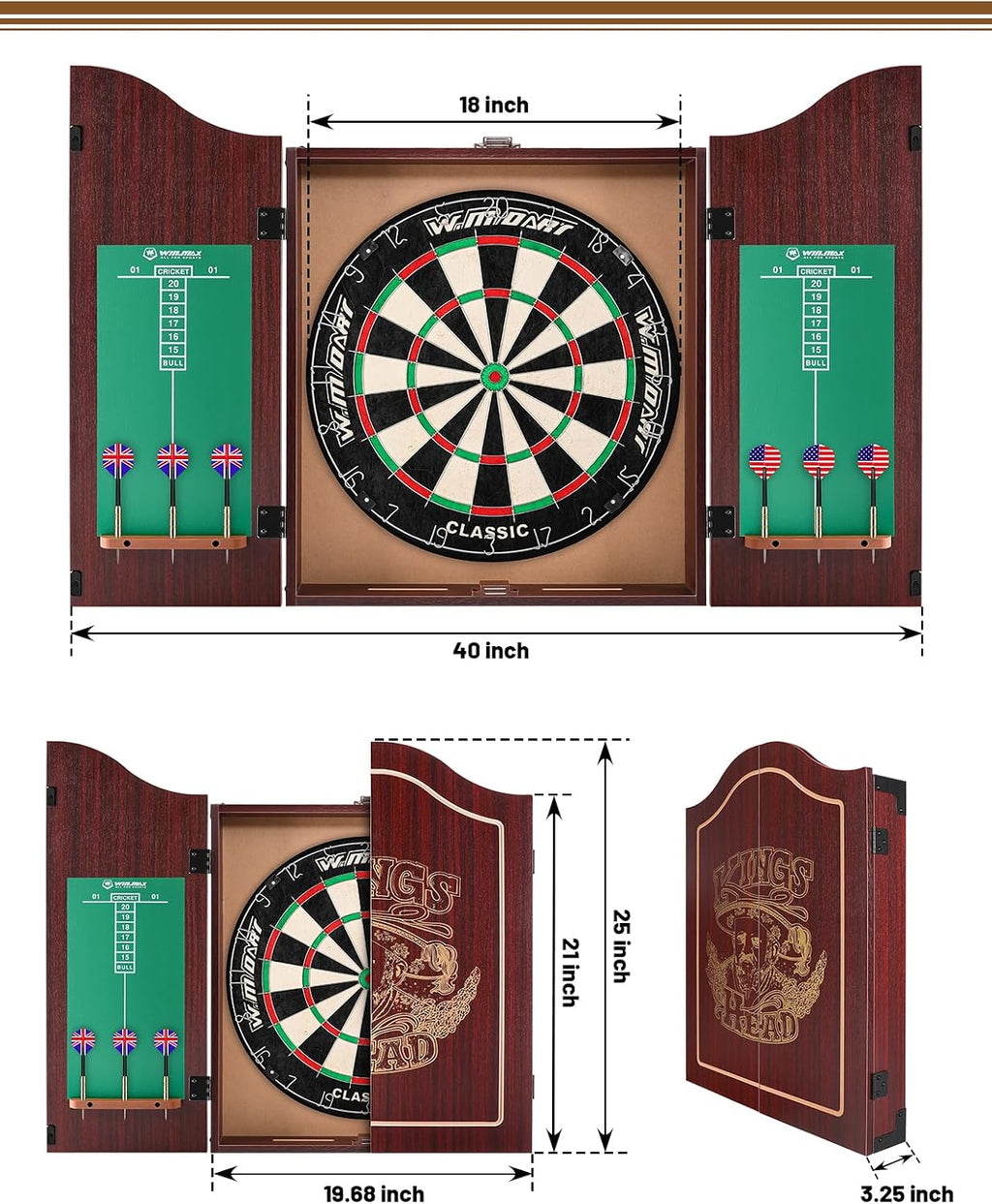 Dartboard Cabinet Set, Dart Boards for Adults with 6 Darts, Regulation Size | Self‑Healing Fibers, Rotating Number Ring, Chalkboard Scoring for Game Room Man Cave and Home Bar, Brown