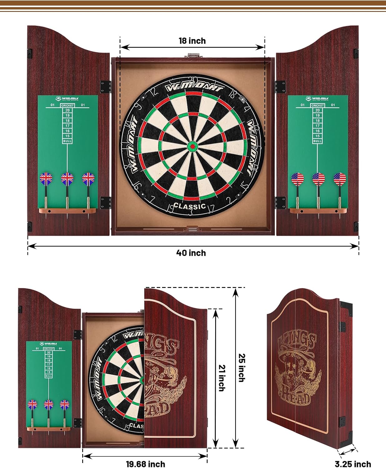 Dartboard Cabinet Set, Dart Boards for Adults with 6 Darts, Regulation Size | Self‑Healing Fibers, Rotating Number Ring, Chalkboard Scoring for Game Room Man Cave and Home Bar, Brown