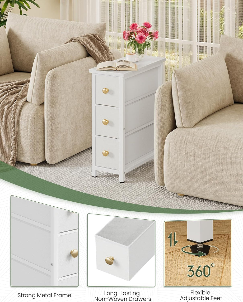 CHOEZON Narrow Side Table with 3 Fabric Drawers, Industrial Slim Bedside Table for Small Spaces, Bedroom, Living Room, Dormitory, White TBZ09WB