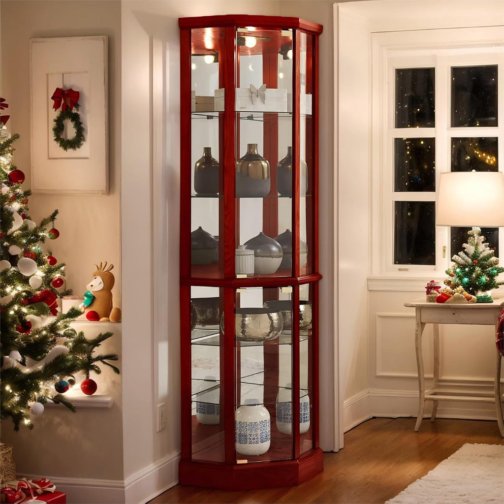 Corner Curio Cabinet, 70" Tall Lighted Glass Display Cage with Tempered Glass Doors and 5 Adjustable Shelves, Wine Bar China Cabinet for Living Room (E26 Bulb Not Inclued) (Cherry & Style 2)