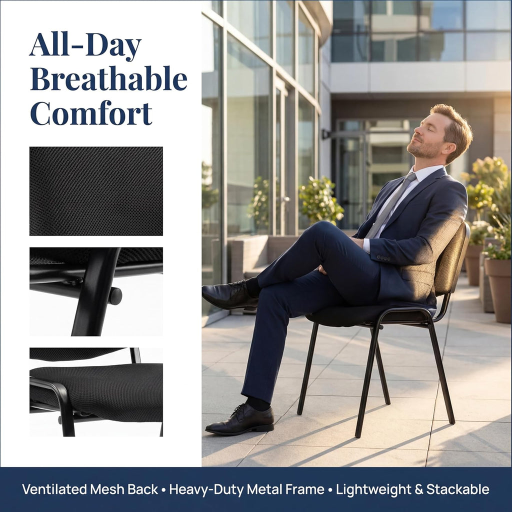 Stackable Office Guest Chairs, Reception Waiting Room Chairs with Padded Seat & Back, Armless No Wheels Conference Chairs for Office Meeting Lobby, Set of 10, Black Mesh Fabric