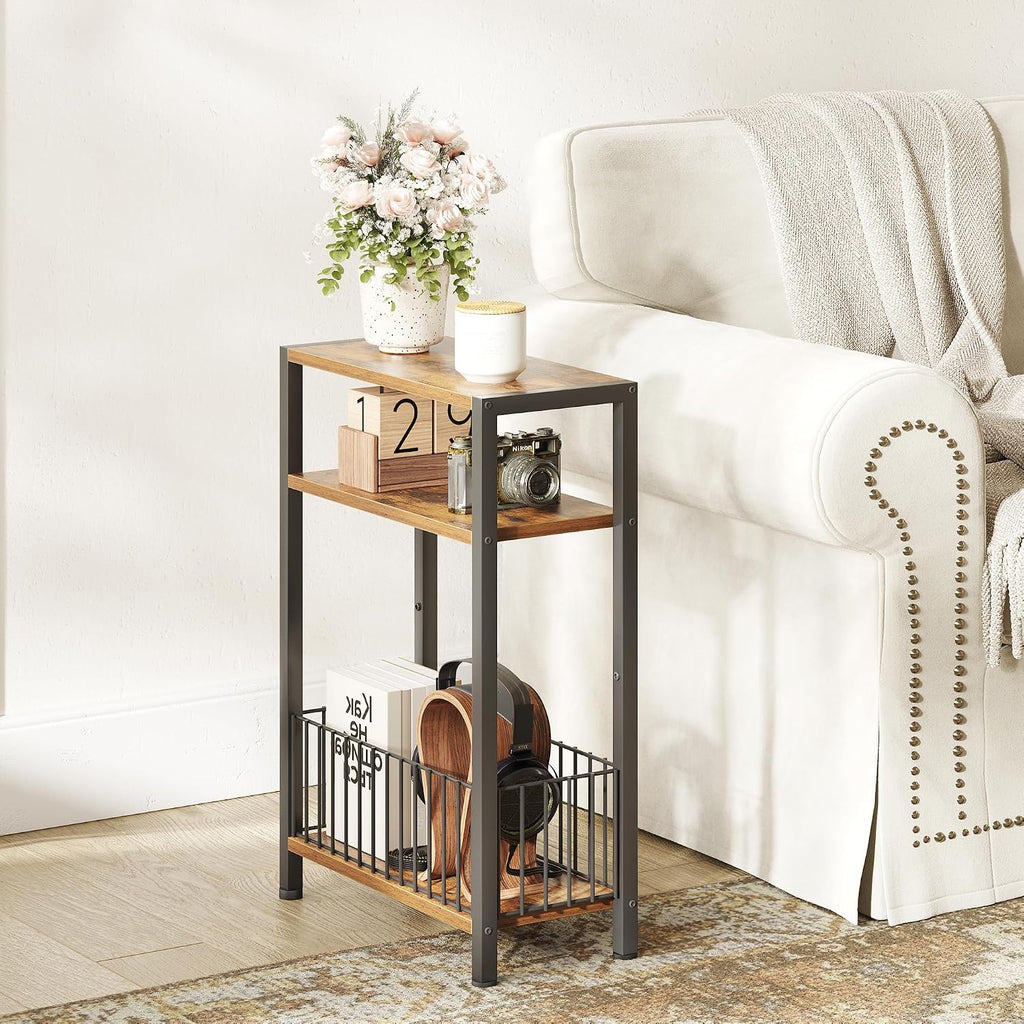 TRIFEBLE Narrow Side Table with Storage Basket, Small End Table for Small Spaces, Slim Sofa Table for Living Room, 3 Tier Bedside Table for Bedroom, Rustic Brown