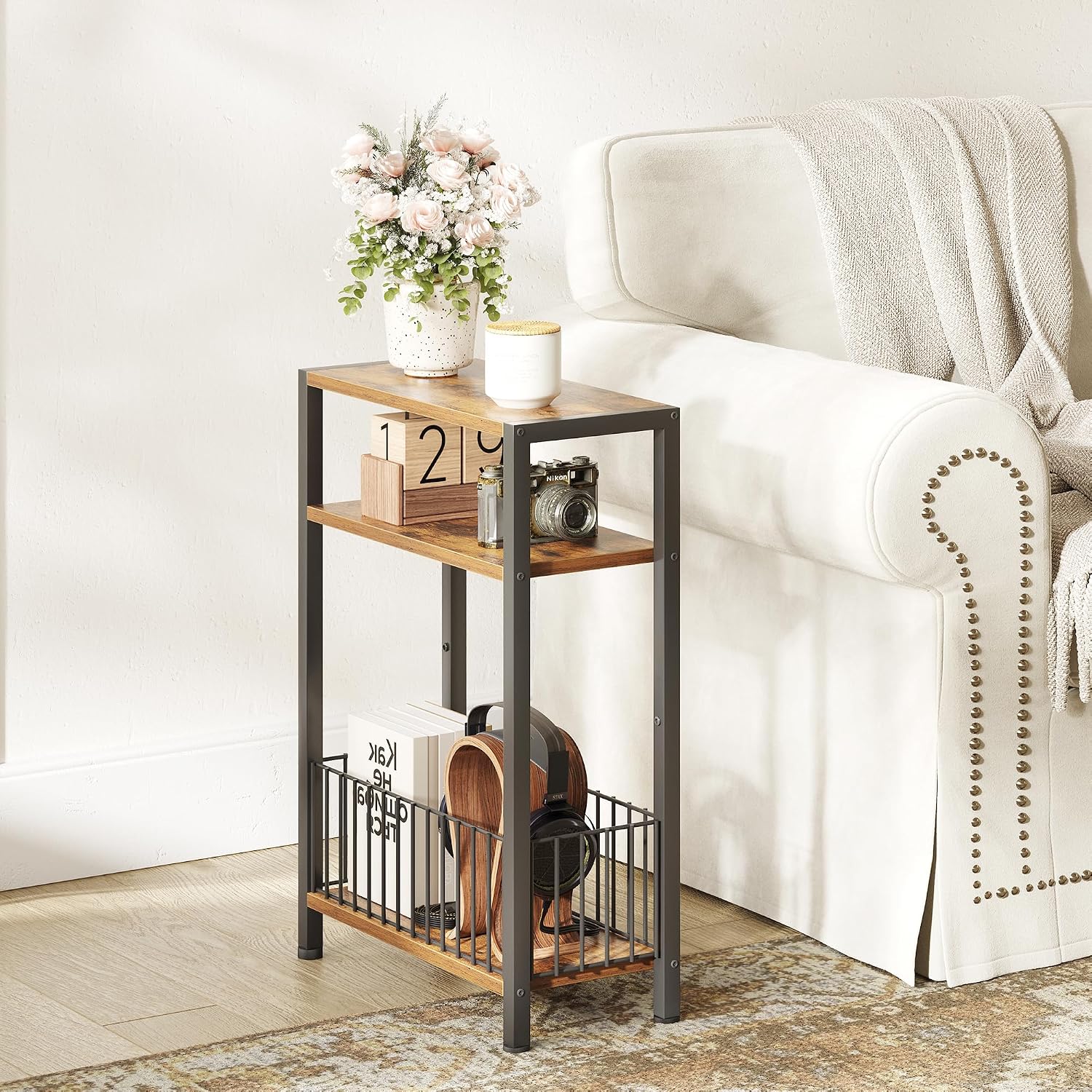 TRIFEBLE Narrow Side Table with Storage Basket, Small End Table for Small Spaces, Slim Sofa Table for Living Room, 3 Tier Bedside Table for Bedroom, Rustic Brown