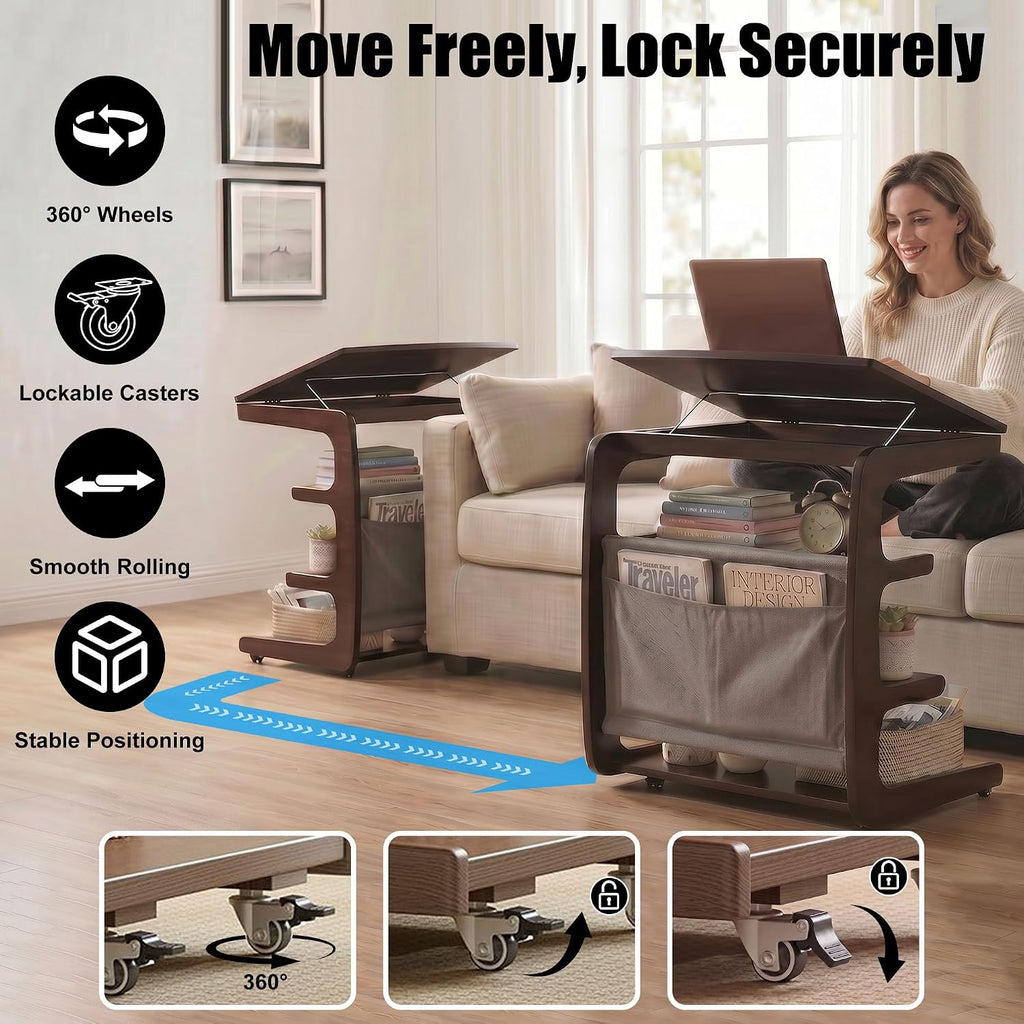 100% Solid Wood C Shaped End Table with Swivel Wheels, Lift Top Couch Table with Storage, Rolling Table that Slide Under Sofa & Bed, 15.75" D x 23.62" W x 24.8" H