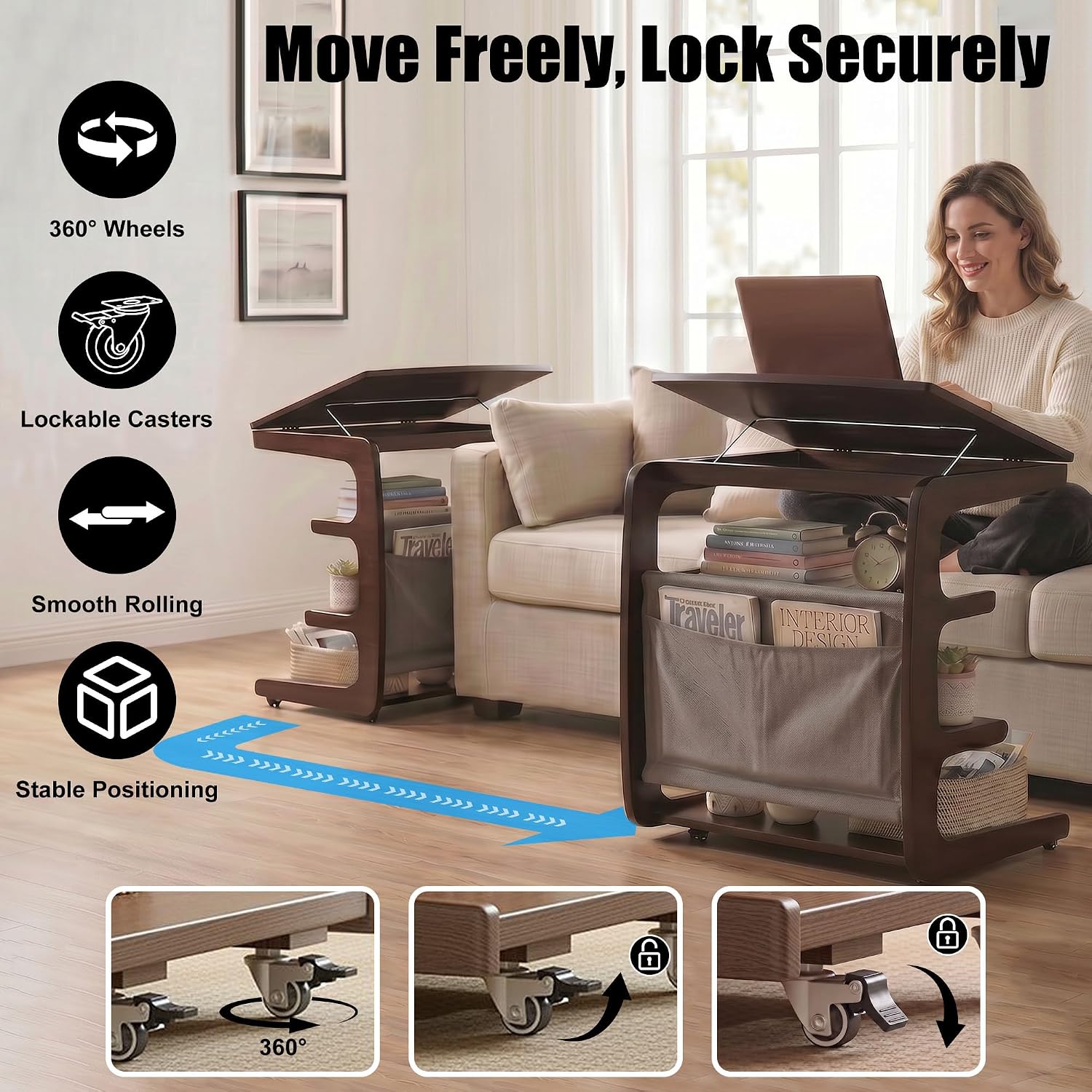 100% Solid Wood C Shaped End Table with Swivel Wheels, Lift Top Couch Table with Storage, Rolling Table that Slide Under Sofa & Bed, 15.75" D x 23.62" W x 24.8" H