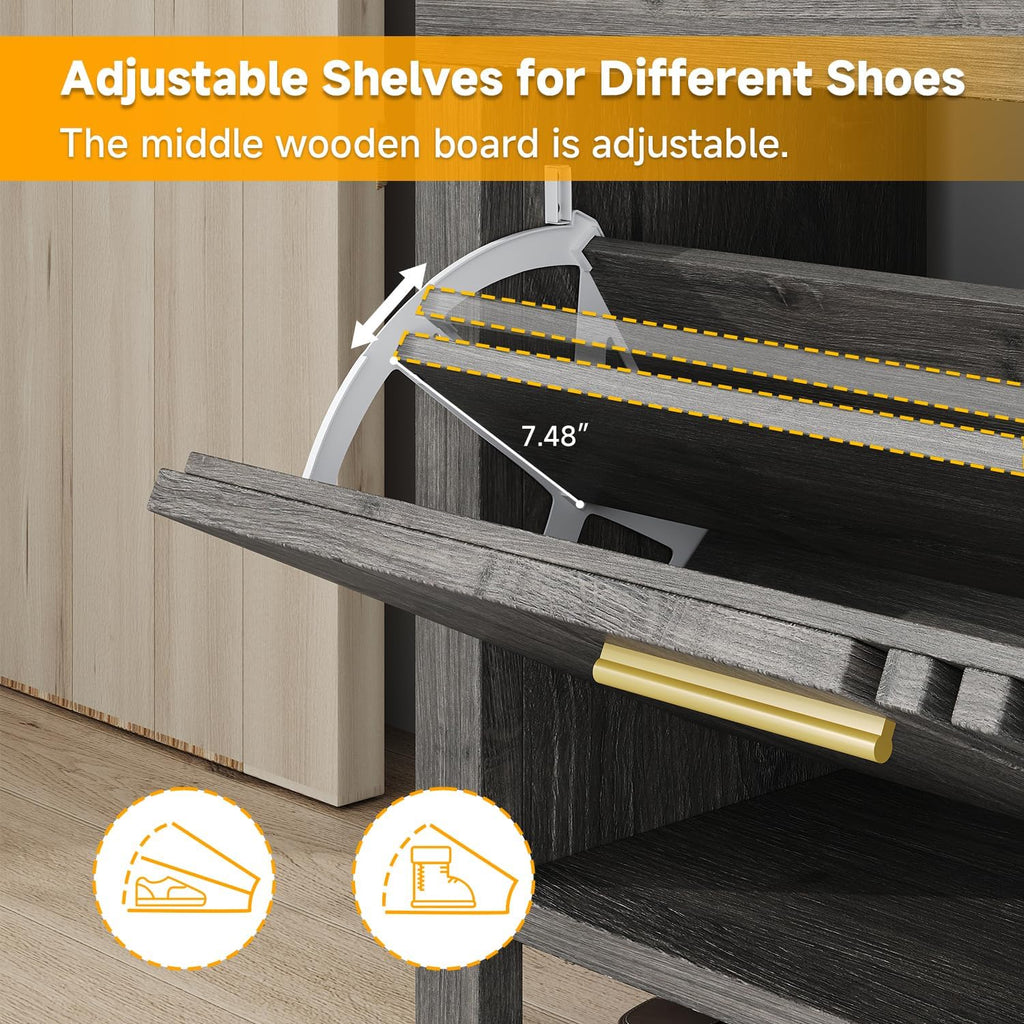 UNIQUITE 40" Shoe Storage Bench with Flip Drawers & Padded Seat Cushion, Open Compartments & Slatted Doors, Entryway Bench with Shoe Storage for Entryway, Hallway, Living Room, Bedroom, Oak Grey