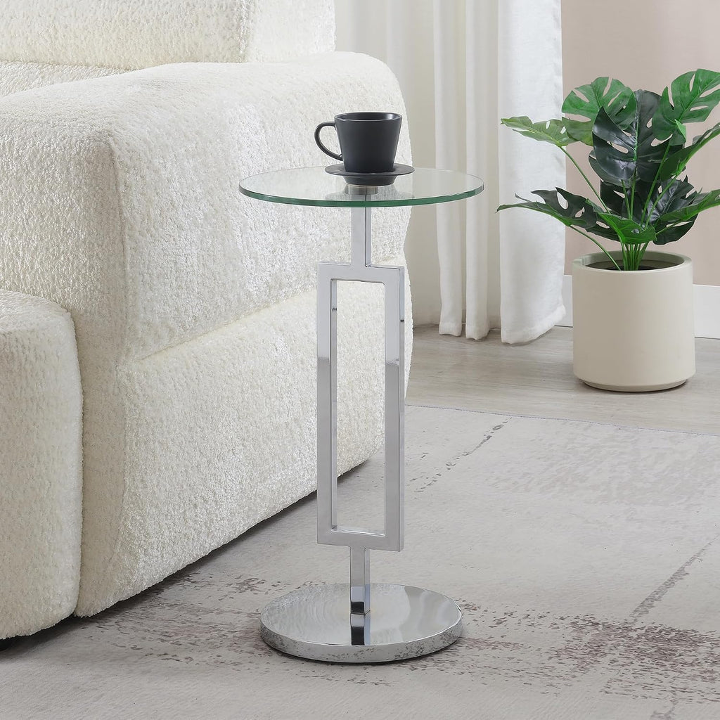 Convenience Concepts Town Square Chrome Glass Martini End Table 12" - Round Cocktail Side Accent for Modern Living & Family Room, Geometric Plant Stand, Display Pedestal