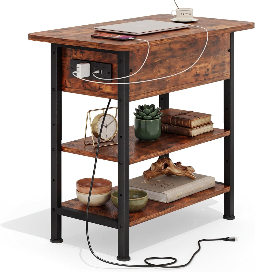 GRUSIGN End Table with Charging Station, Flip Top Side Table with USB Ports and Outlets, 3-Tier Small Side Table with Storage for Small Space, End Tables for Living Room/Bedroom, Black