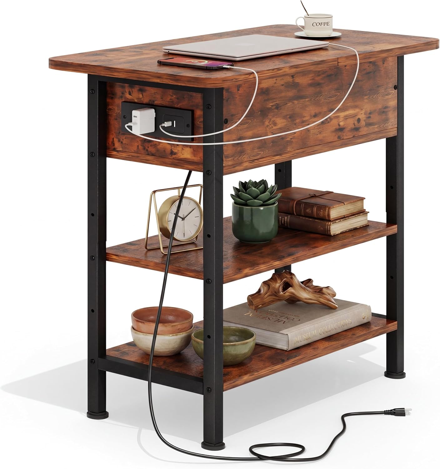 GRUSIGN End Table with Charging Station, Flip Top Side Table with USB Ports and Outlets, 3-Tier Small Side Table with Storage for Small Space, End Tables for Living Room/Bedroom, Black