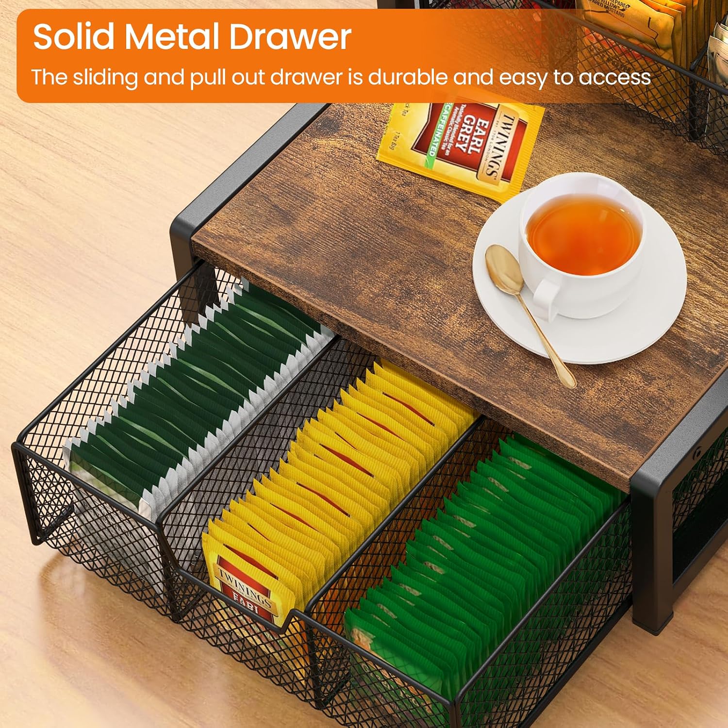 Homode Tea Bag Organizer, 3 Tier Tea Storage Container Box, Wood Tea Station Caddy, Teabag Holder Stand with Drawer Basket, Large Tea Chest Display Rack for Countertop Cabinet Office, Rustic Brown