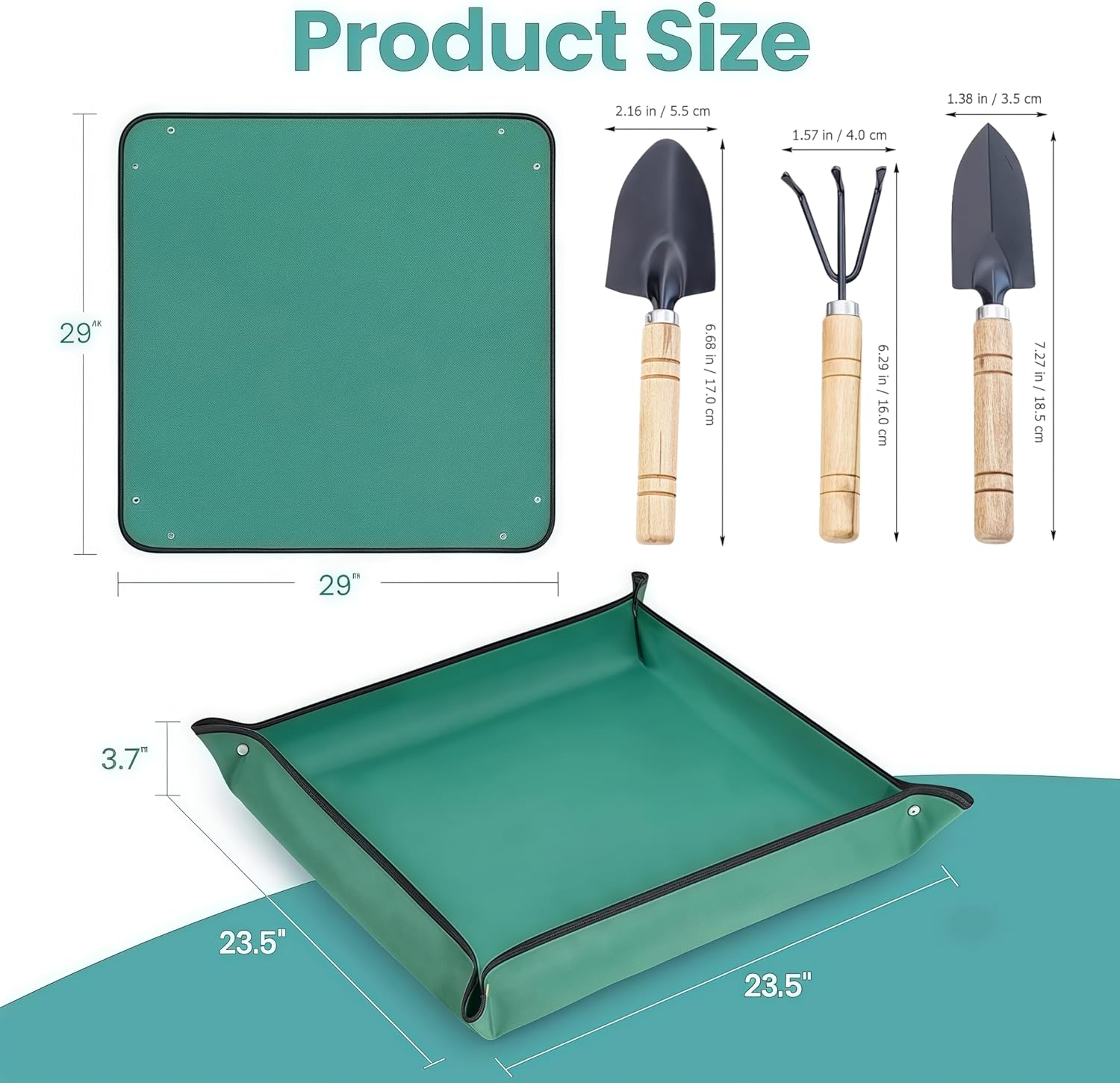 1SET 29" PE Plant Mat & 3PCS Iron Tool Set - Waterproof Repotting Kit for Succulent Gardening, Green