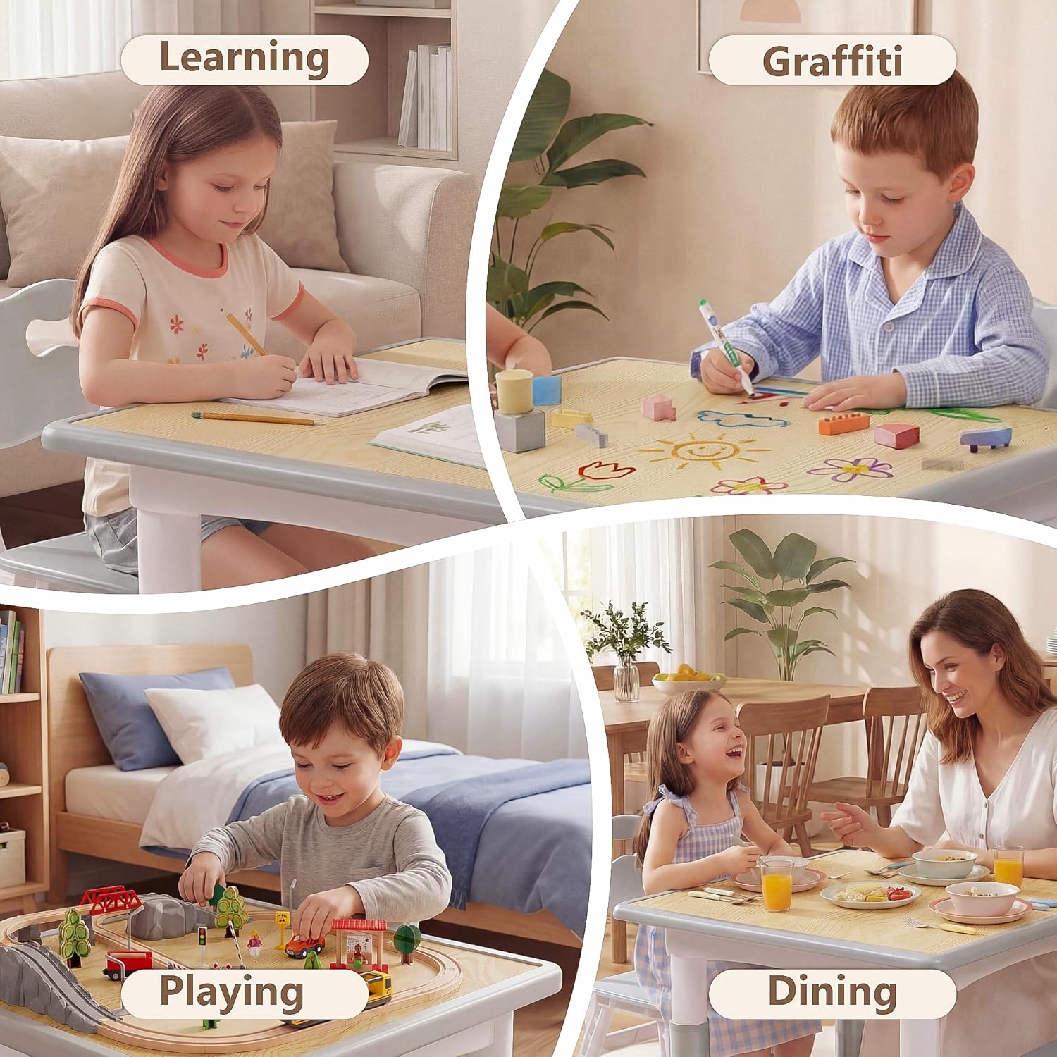 Kinder King Kids Table & 4 Chairs Set, Height Adjustable Children Activity Table w/Graffiti Tabletop, Toddler Furniture Set for Classroom, Daycare, Home, Age 3+, Grey
