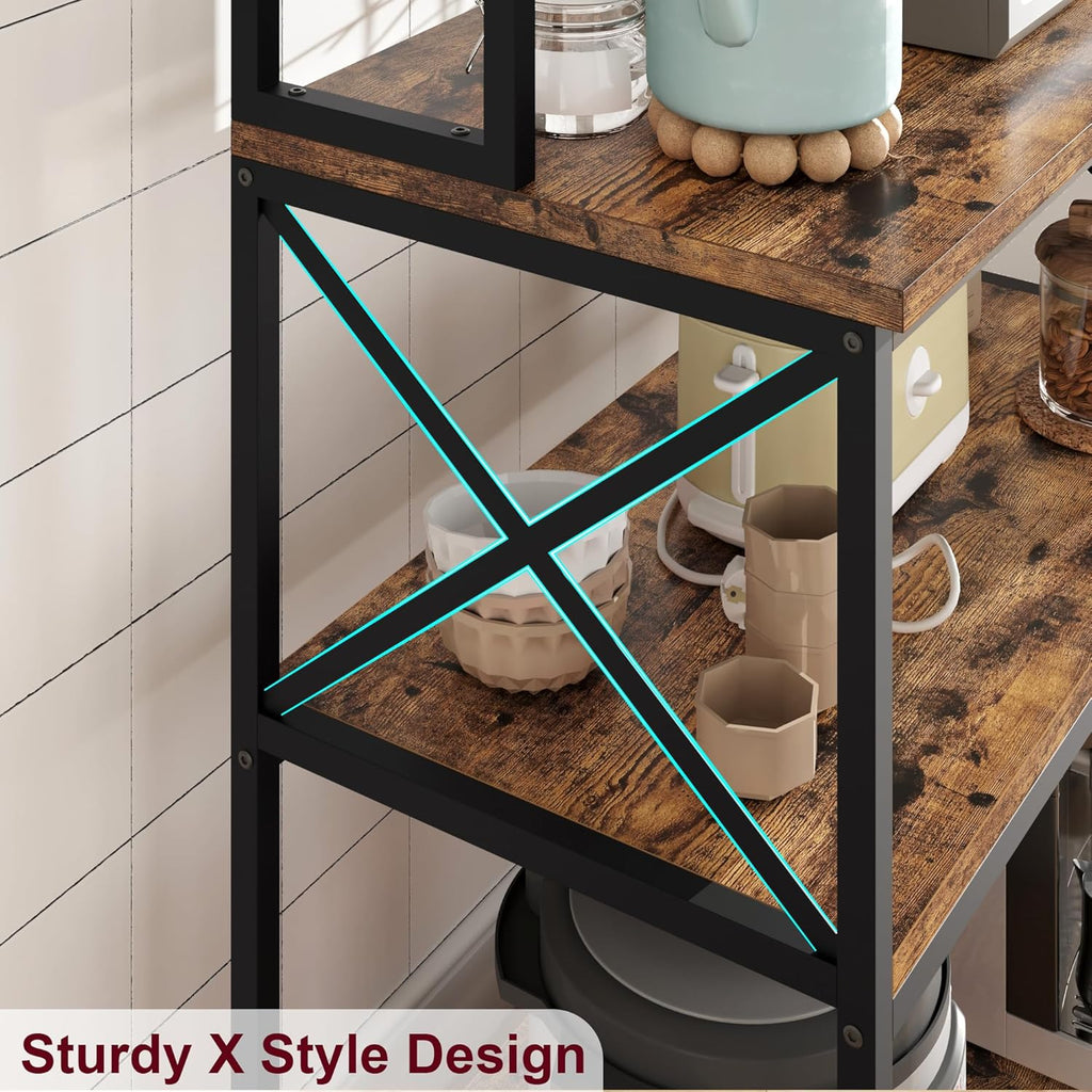 IDEALHOUSE 62in Kitchen Bakers Rack, 31in Coffee Bar Table 5 Tiers, Kitchen Microwave Stand with 6 s-Shaped Hooks, Open Storage Shelves for Spices, Pots and Pans, Rustic Brown