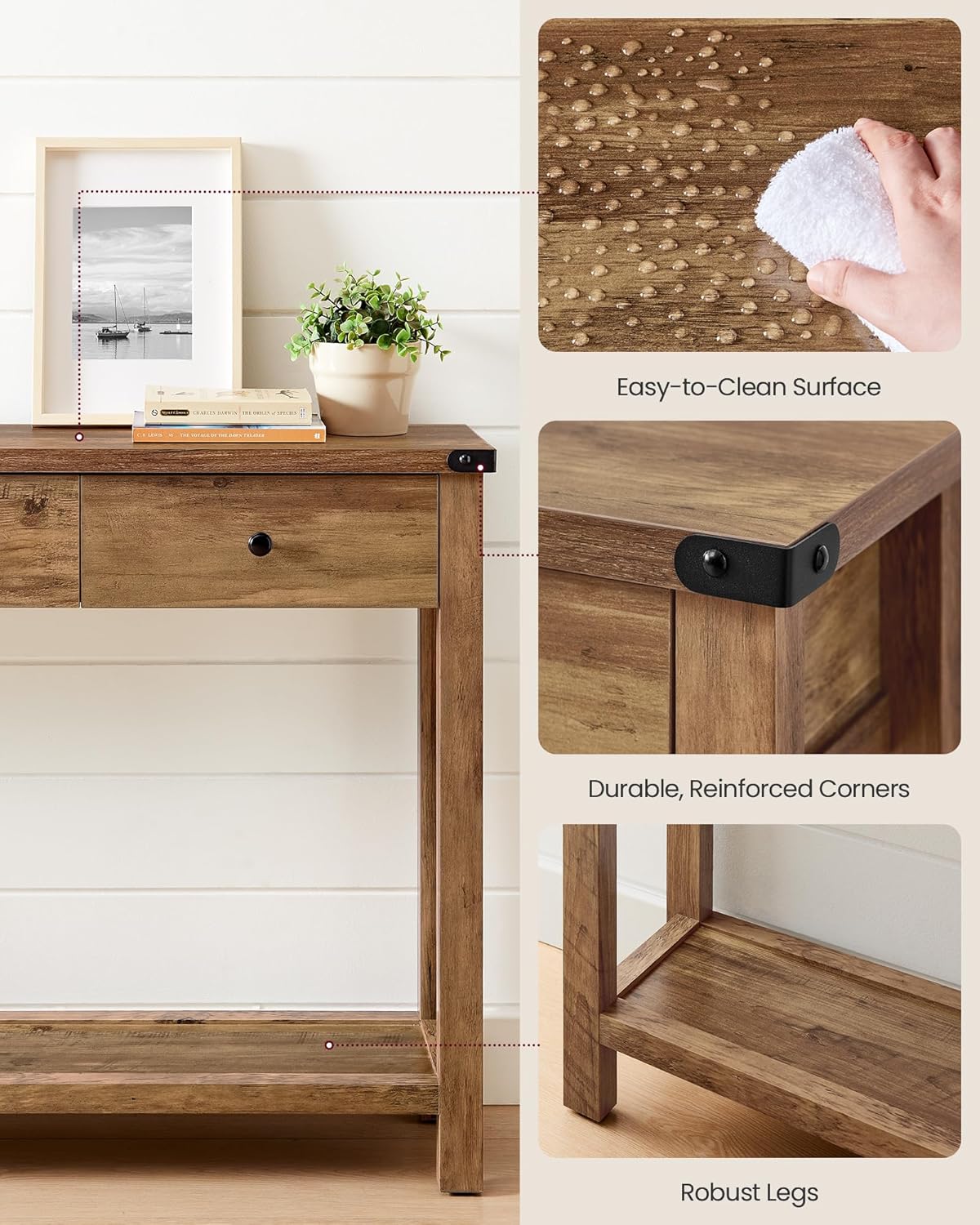 VASAGLE LIRY Collection - Console Sofa Table, Narrow Entryway Table with 3 Drawers, Open Storage Shelf, Metal Corners, for Living Room, Farmhouse Style, Honey Brown ULNT142KB02S