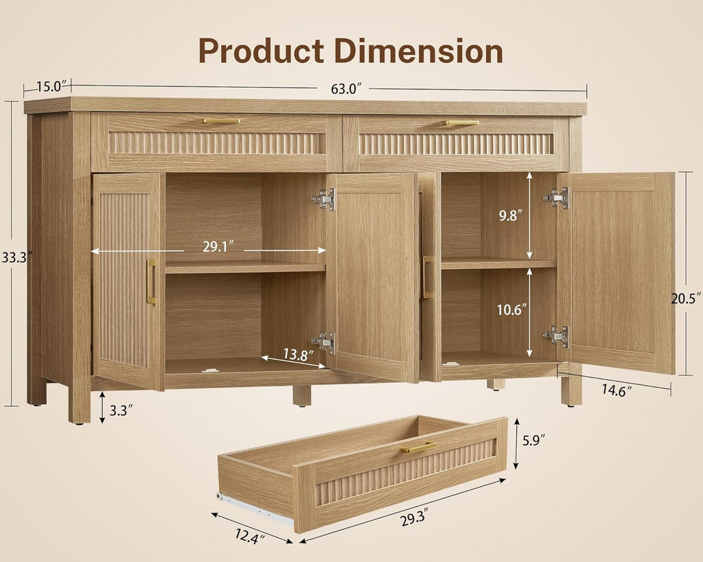 usikey Buffet Cabinet with Storage, 63” W Fluted Sideboard Cabinet with 2 Drawers & Adjustable Shelves, Coffee Bar with 4 Doors, Natural