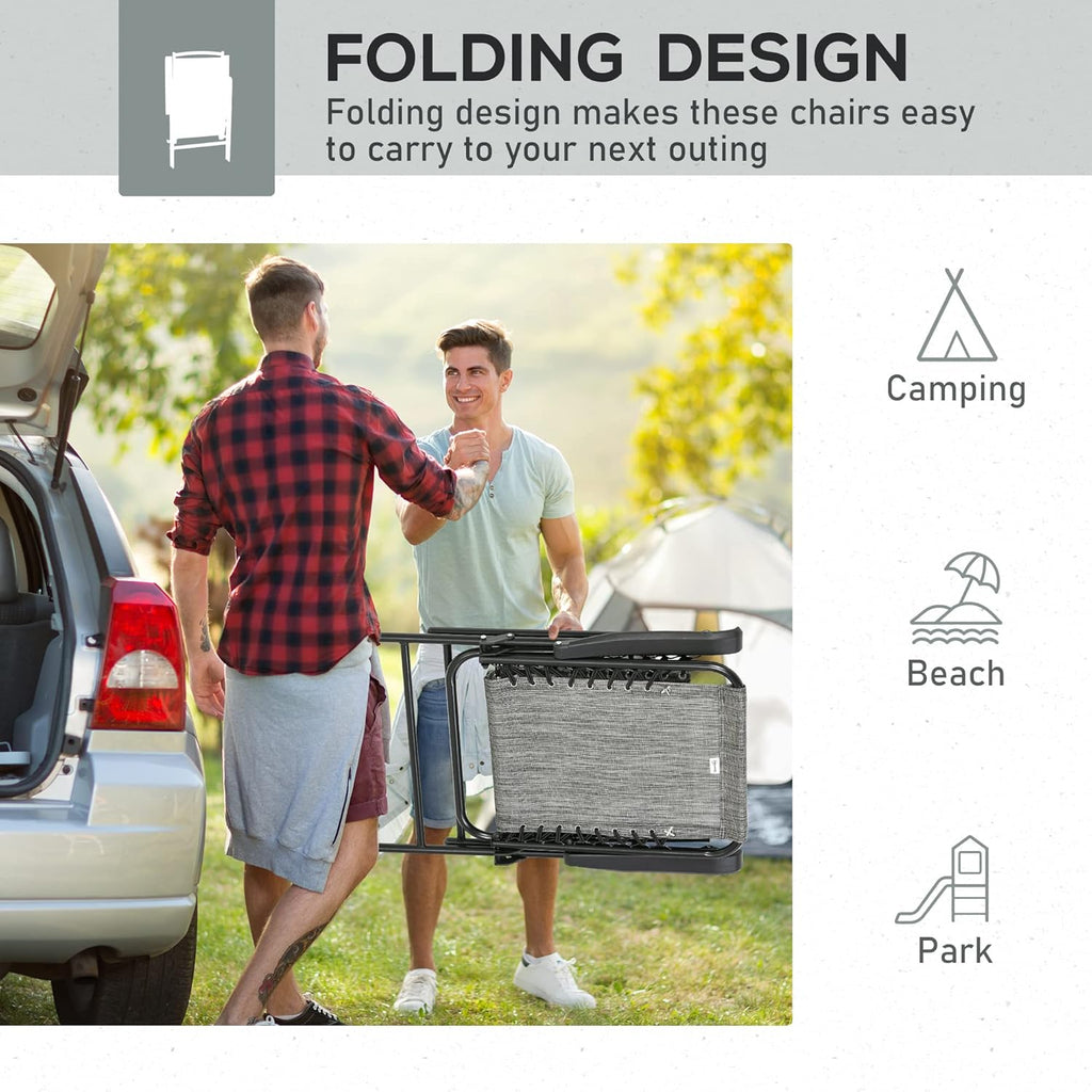 Set of 2 Patio Folding Chairs, Outdoor Bungee Sling Chairs w, Armrests, Portable Lawn Chairs for Camping, Garden, Pool, Beach, Backyard, Gray