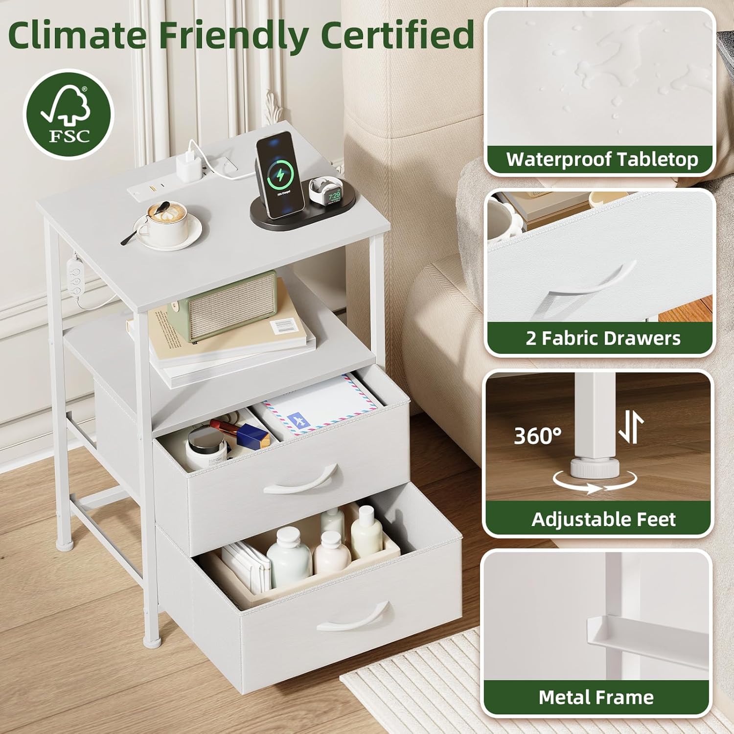 Somdot Nightstand with 2 Drawers, Charging Station & LED Light | Fabric-Bin Dresser for Bedroom, Bedside, Kids Room, Dorm, Closet, Laundry and Entryway, White