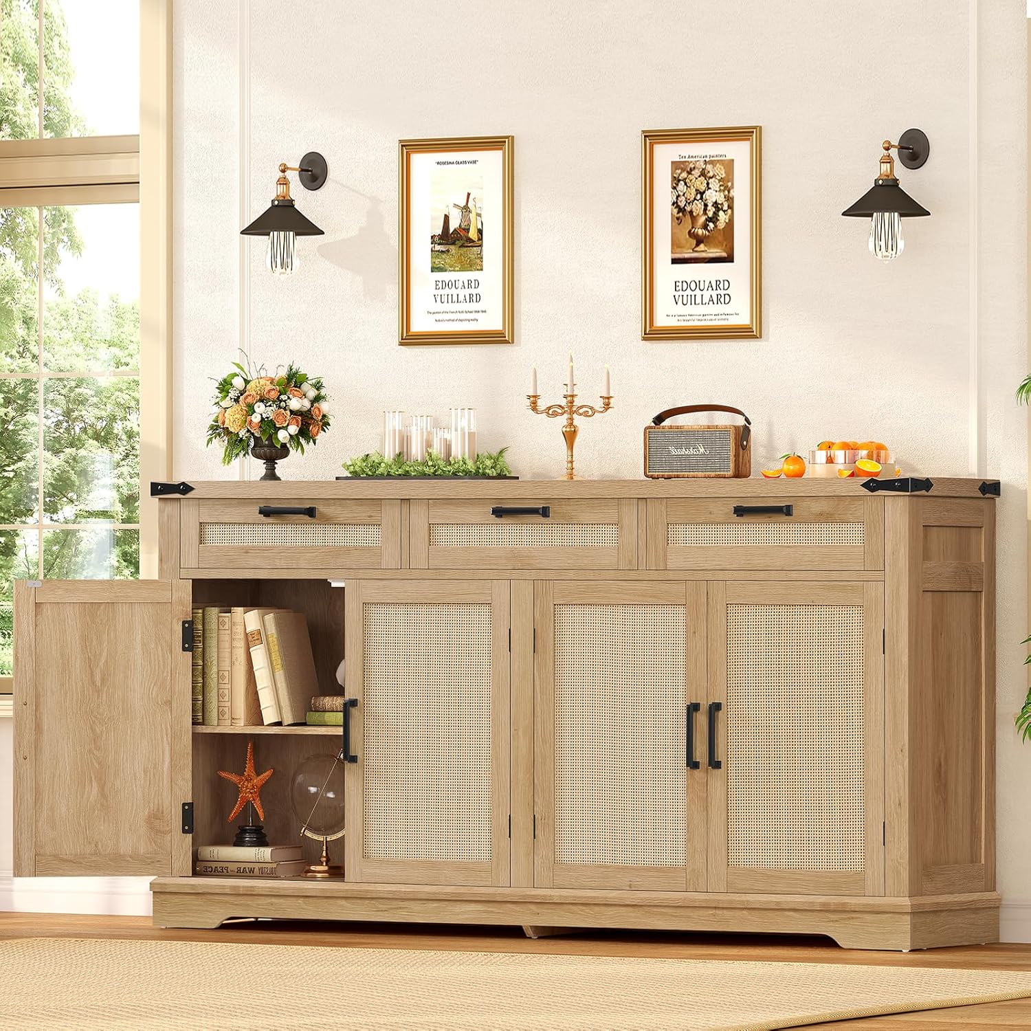 usikey 61” Large Buffet Cabinet with Storage, Sideboard Cabinet with 4 Doors and 3 Drawers, Farmhouse Buffet Table, Dining Room Storage Cabinet for Kitchen or Living Room, Natural