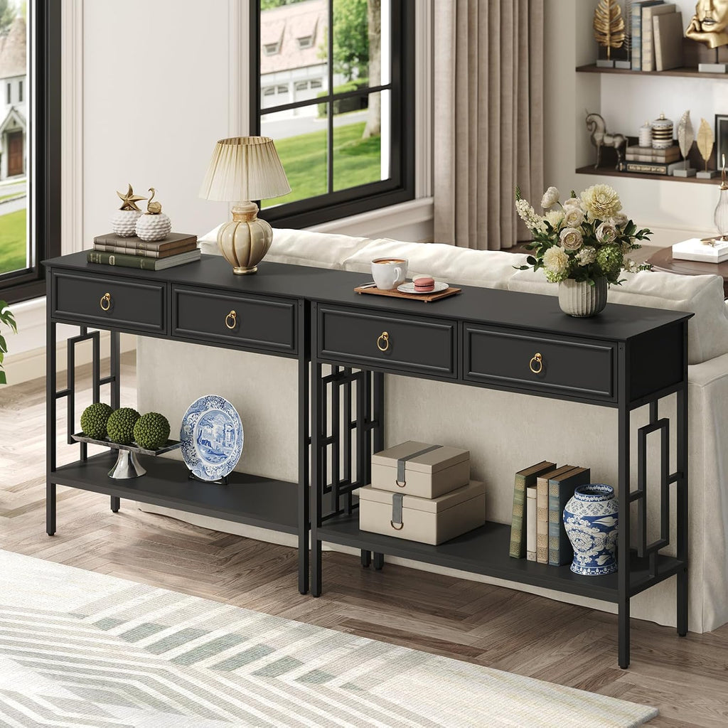 MAHANCRIS Console Table with 2 Drawers, Entryway Table with Storage Shelf, Entrance Accent Tables, 2-Tier Narrow Hallway Table, Behind Couch Table, for Entryway, Living Room, Hallway, Black CTBK6101